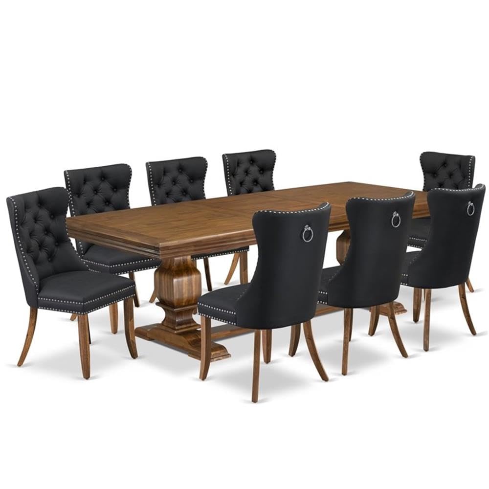 9-Piece Acacia Wood Dining Table Set with Faux Leather Chairs B17019