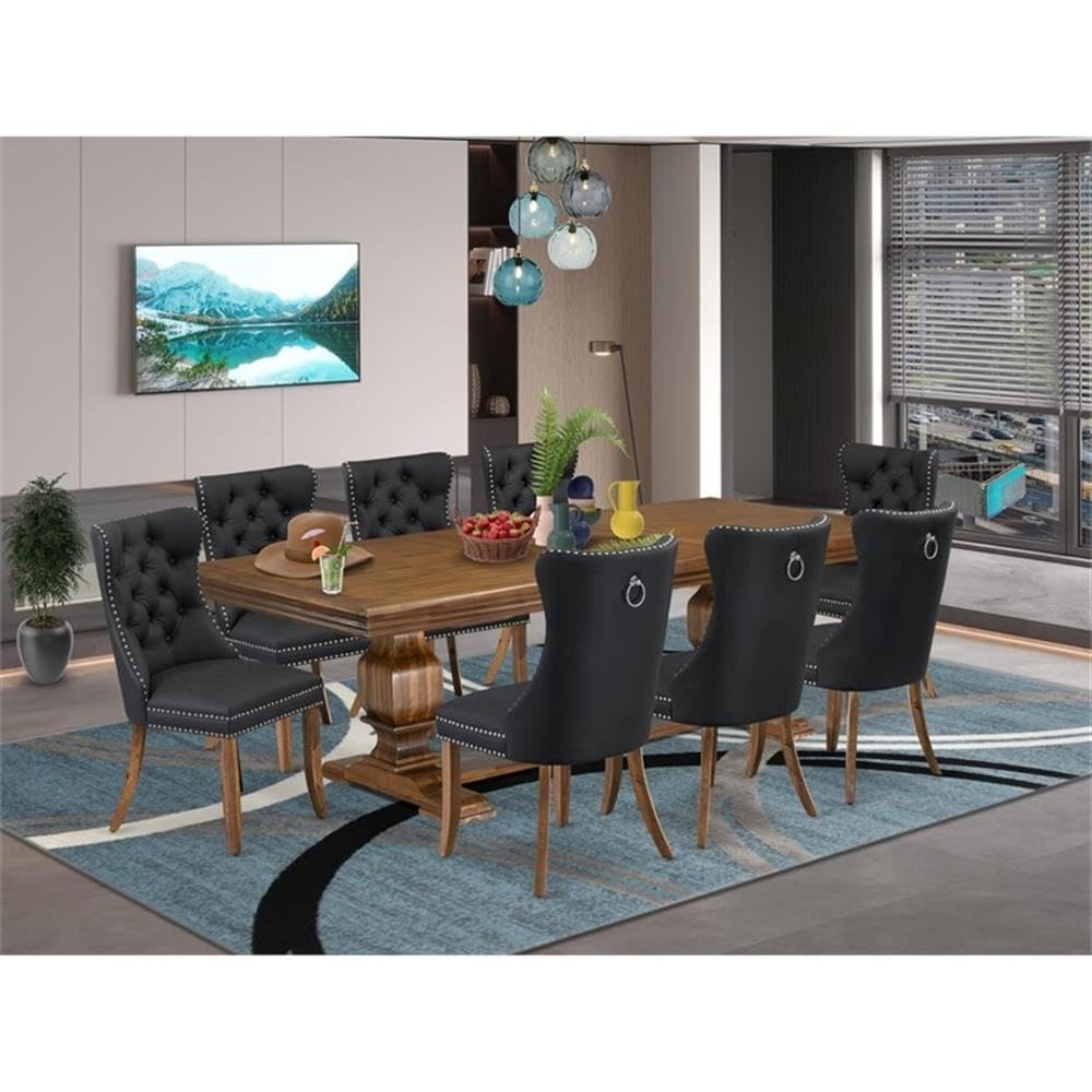 9-Piece Acacia Wood Dining Table Set with Faux Leather Chairs B17019