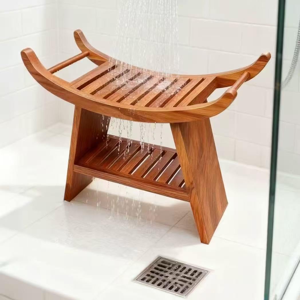 Teak Shower Bench with Storage Shelf B421526