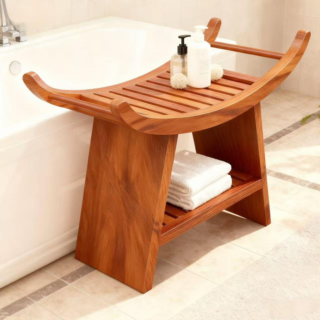 Teak Shower Bench with Storage Shelf B421526