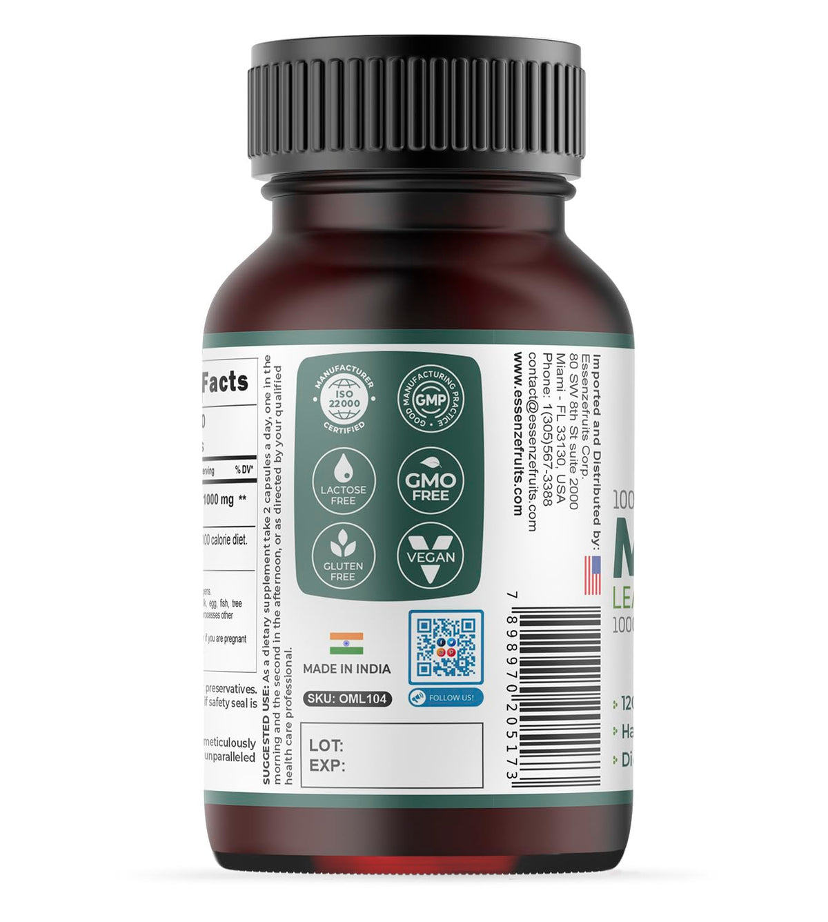 Moringa Capsules 120 Vegan Caps 1000mg Leaf Powder K5958