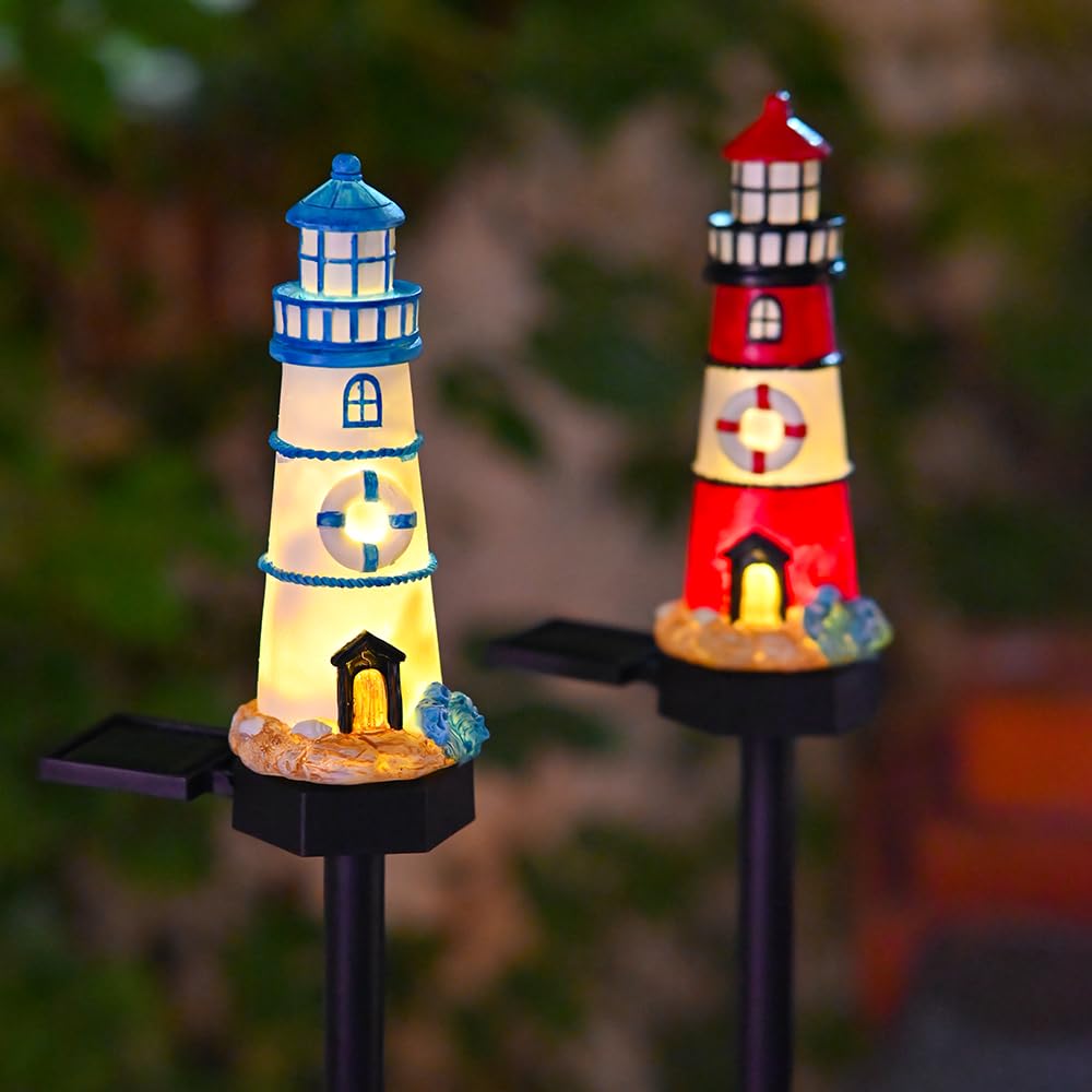 2 Packs Solar Powered Red and Blue Lighthouse Floor Lamps A14577