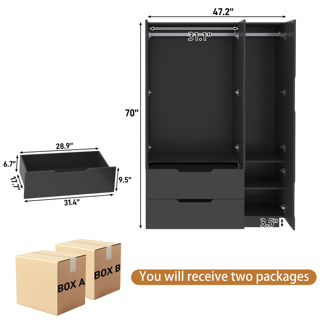 3 Doors Armoire Wardrobe Closet with Mirror, 2 Drawers, LED Light, Hanging Rod, Black L85971