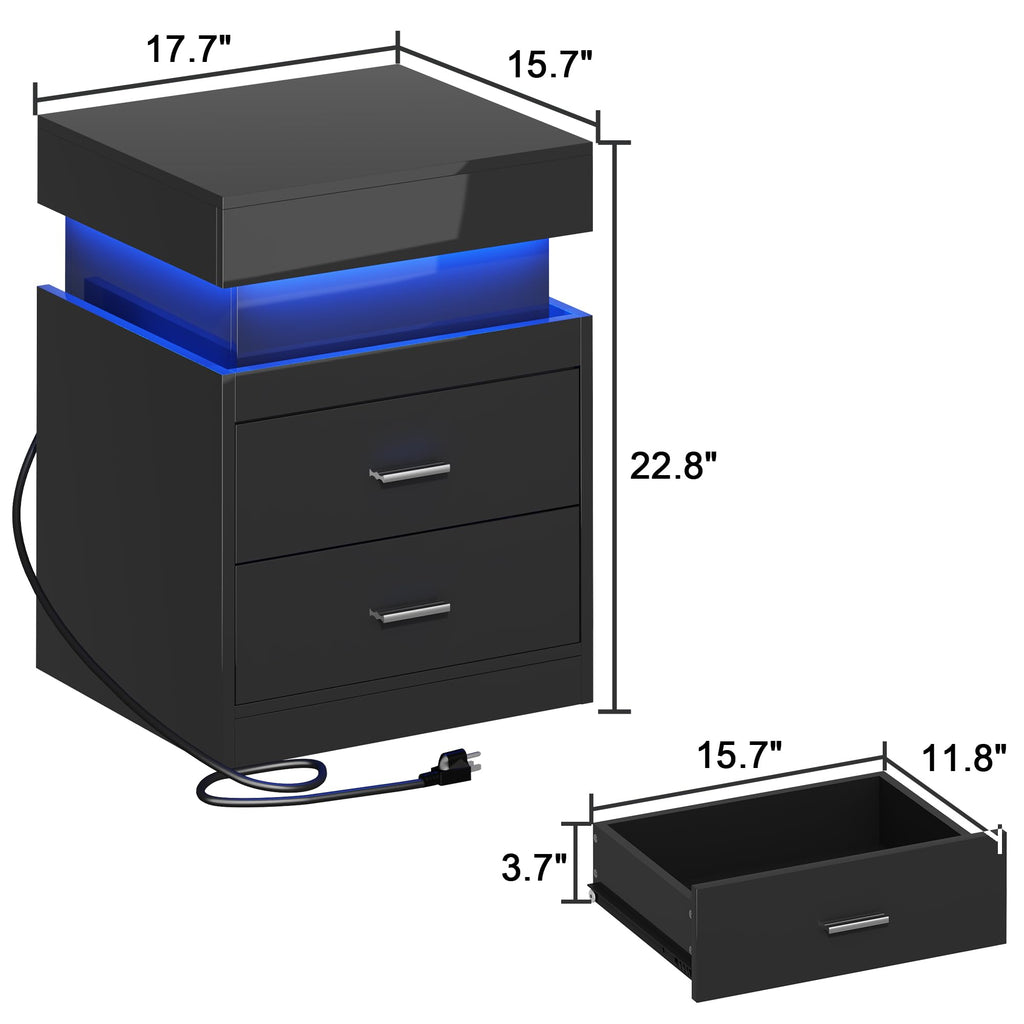 LED Nightstand with Charging Station and Sliding Storage F6029