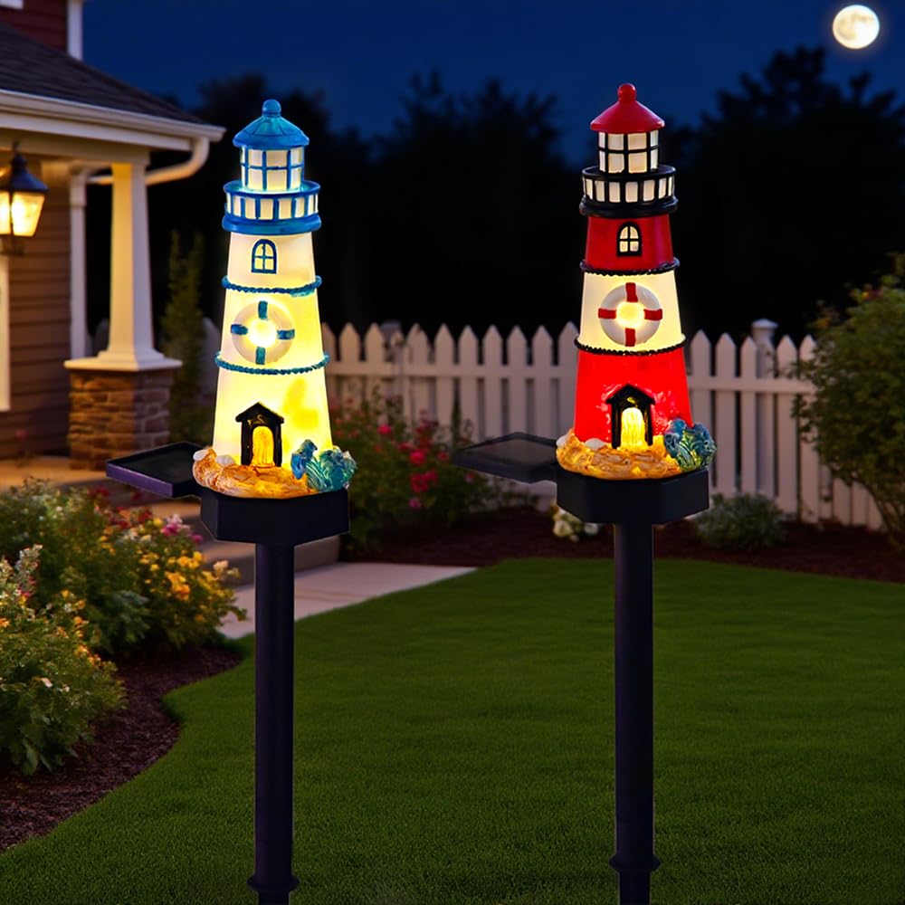 2 Packs Solar Powered Red and Blue Lighthouse Floor Lamps A14577