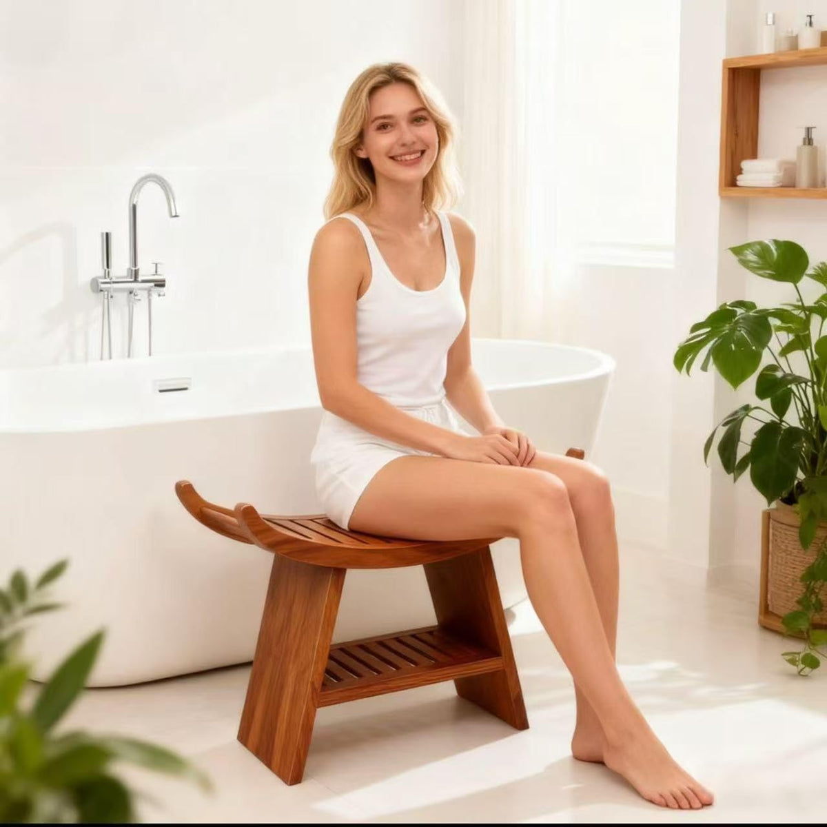 Teak Shower Bench with Storage Shelf B421526