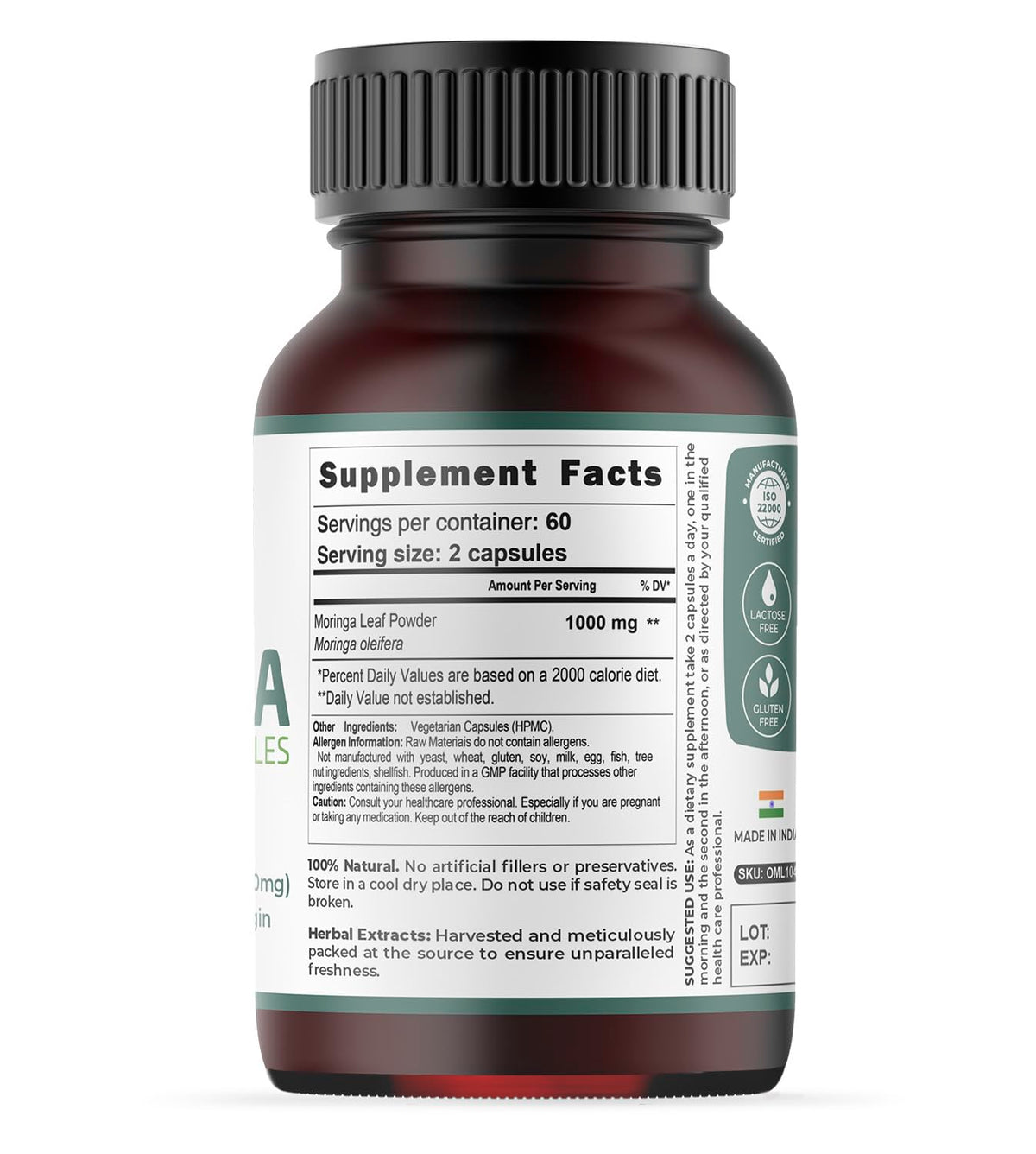 Moringa Capsules 120 Vegan Caps 1000mg Leaf Powder K5958
