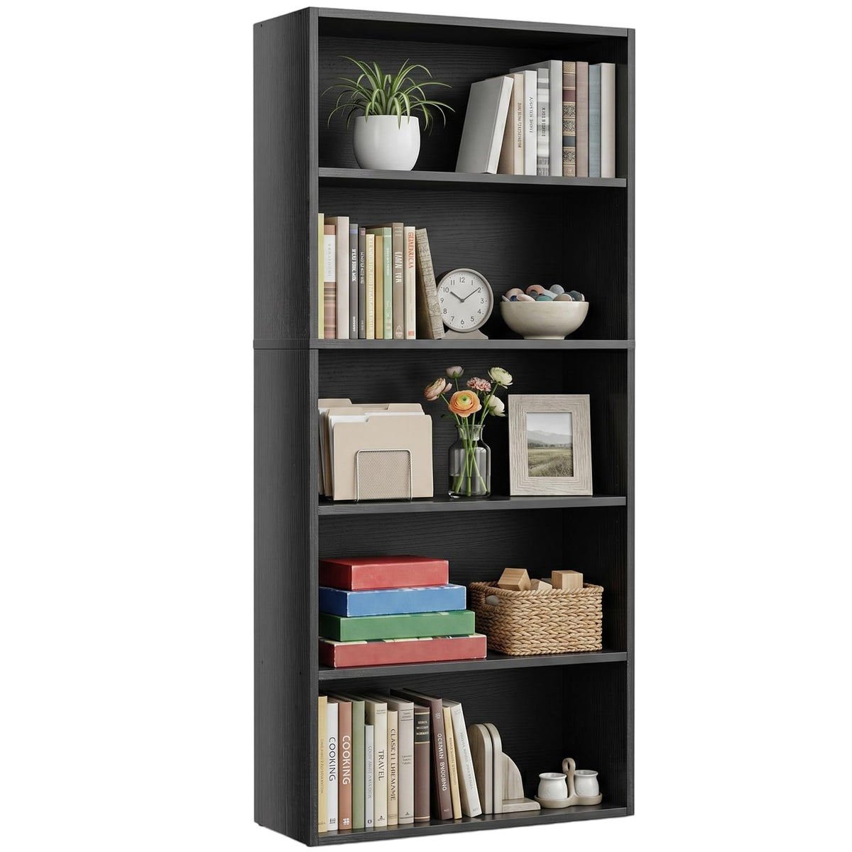 Black 5 Tier Bookshelf with Adjustable Shelves C70794
