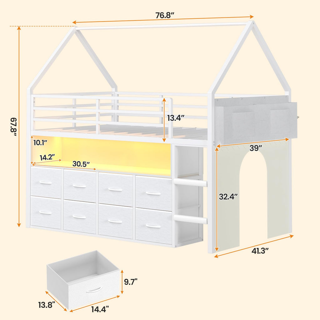 Twin Size Low Loft Bed with 8 Storage Drawers B15058