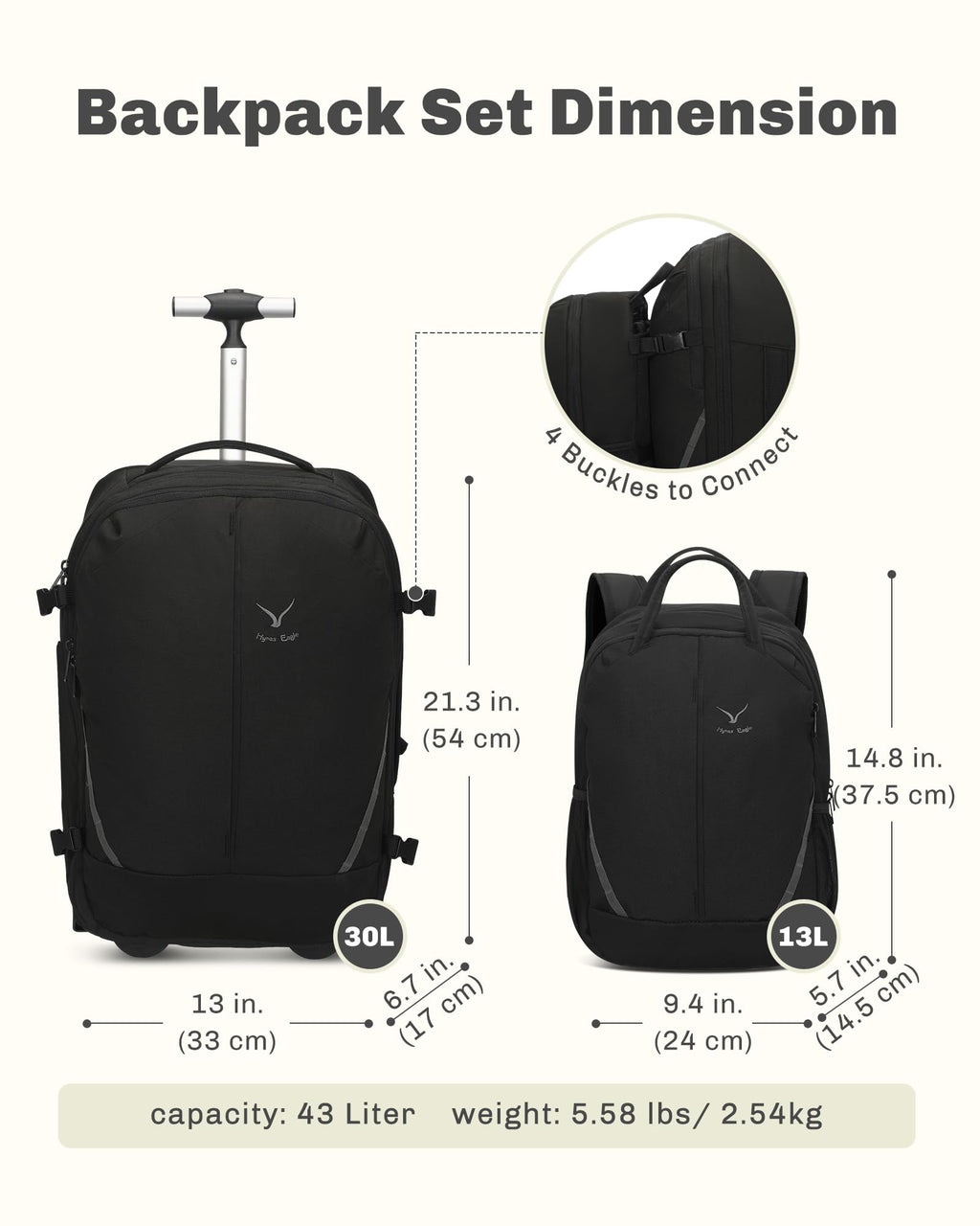 Rolling Backpack with Wheels 43L Jet Black I543
