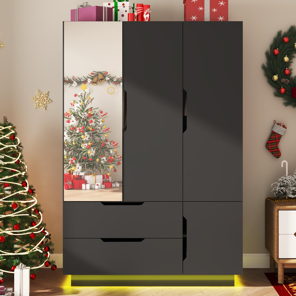 3 Doors Armoire Wardrobe Closet with Mirror, 2 Drawers, LED Light, Hanging Rod, Black L85971