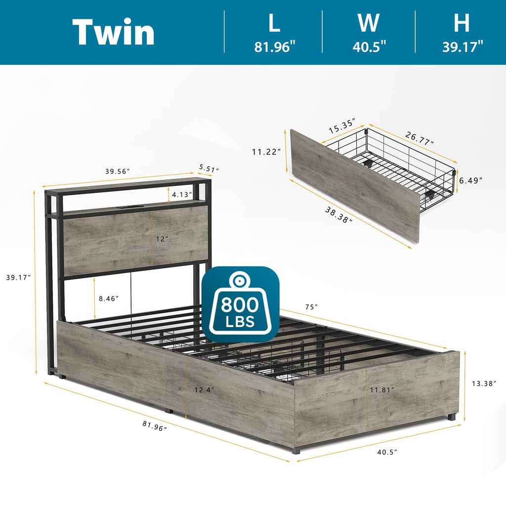 Twin Size Bed Frame with 4 Storage Drawers D471