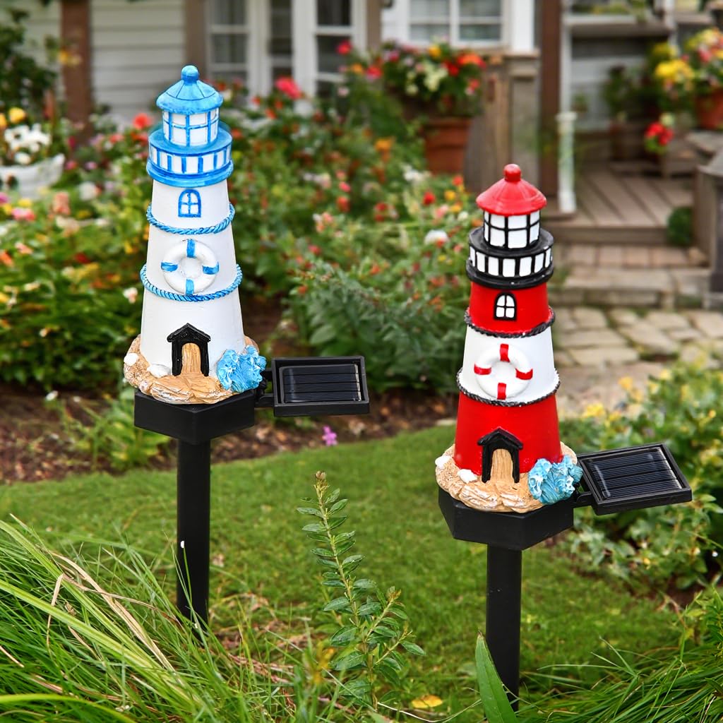 2 Packs Solar Powered Red and Blue Lighthouse Floor Lamps A14577