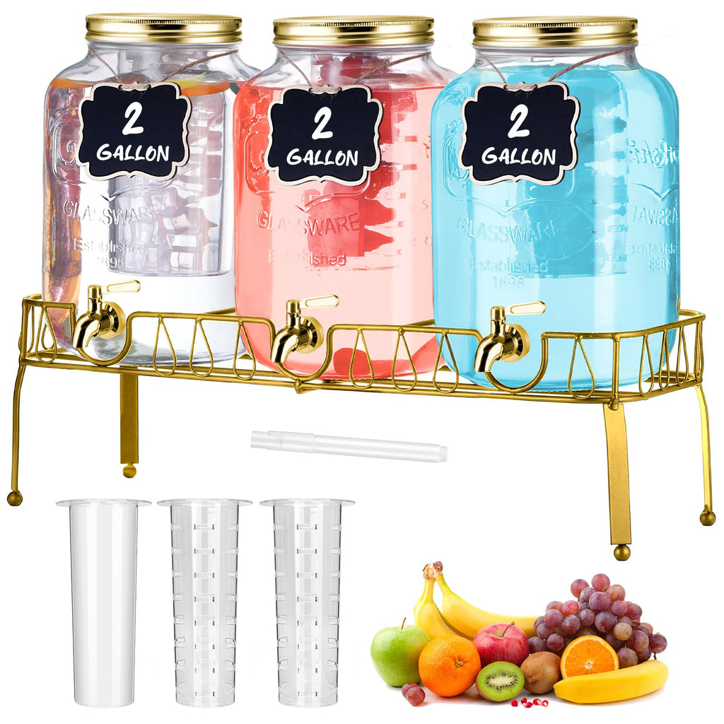 3 Pcs 2 Gallon Glass Drink Dispenser with Stand and Lid Y447807