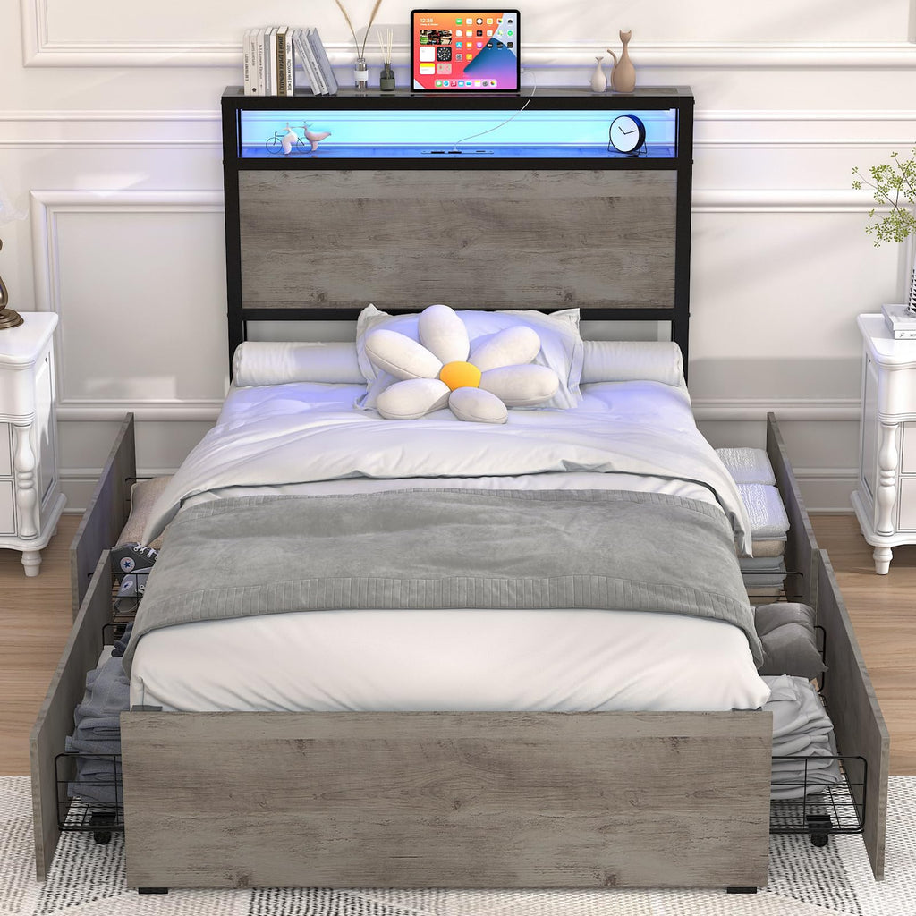Twin Size Bed Frame with 4 Storage Drawers D471