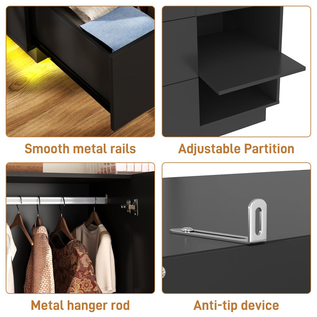 3 Doors Armoire Wardrobe Closet with Mirror, 2 Drawers, LED Light, Hanging Rod, Black L85971