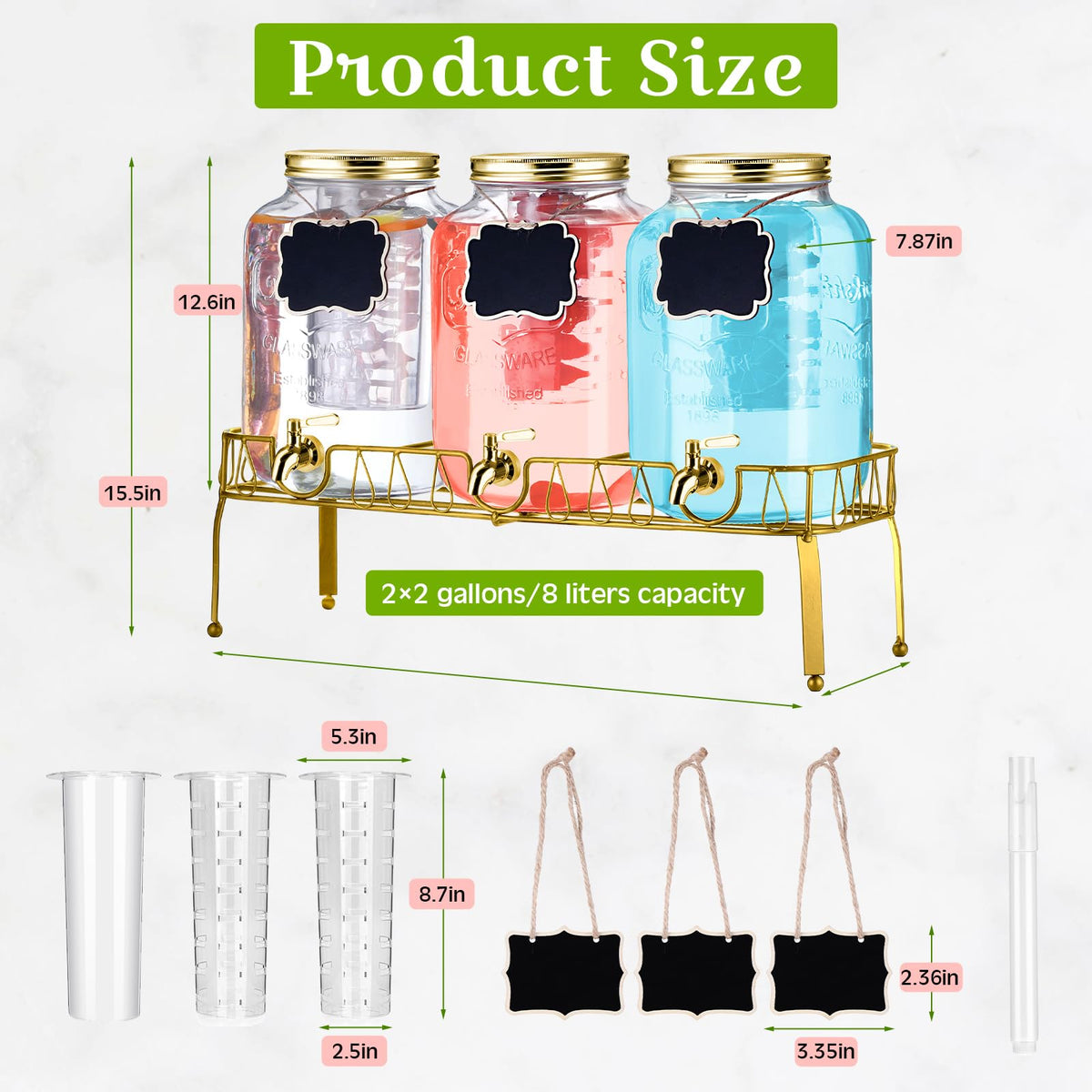 3 Pcs 2 Gallon Glass Drink Dispenser with Stand and Lid Y447807