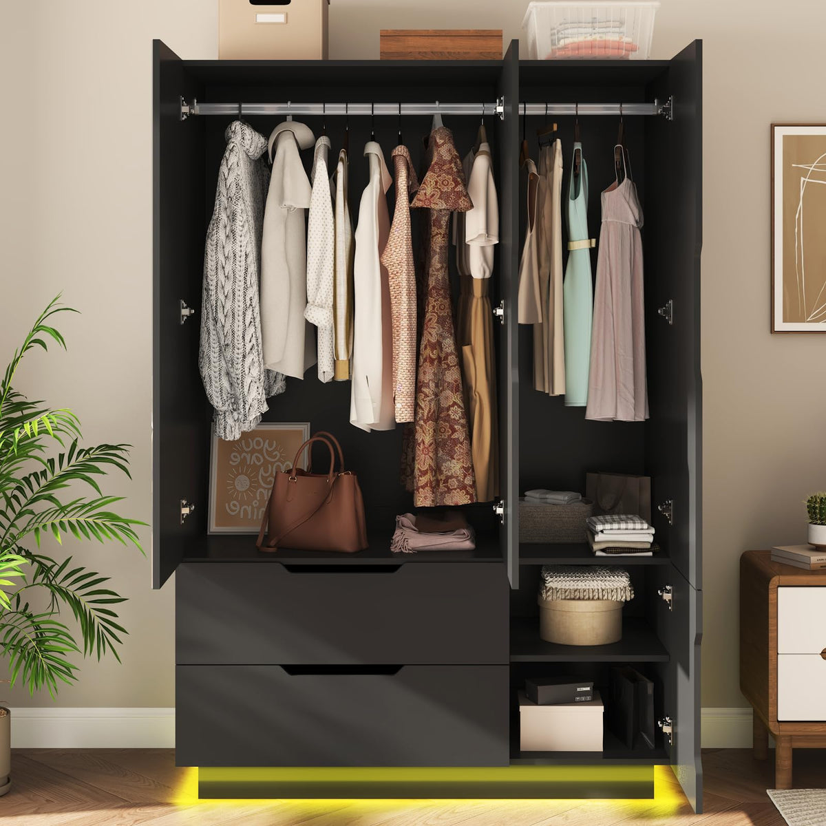 3 Doors Armoire Wardrobe Closet with Mirror, 2 Drawers, LED Light, Hanging Rod, Black L85971