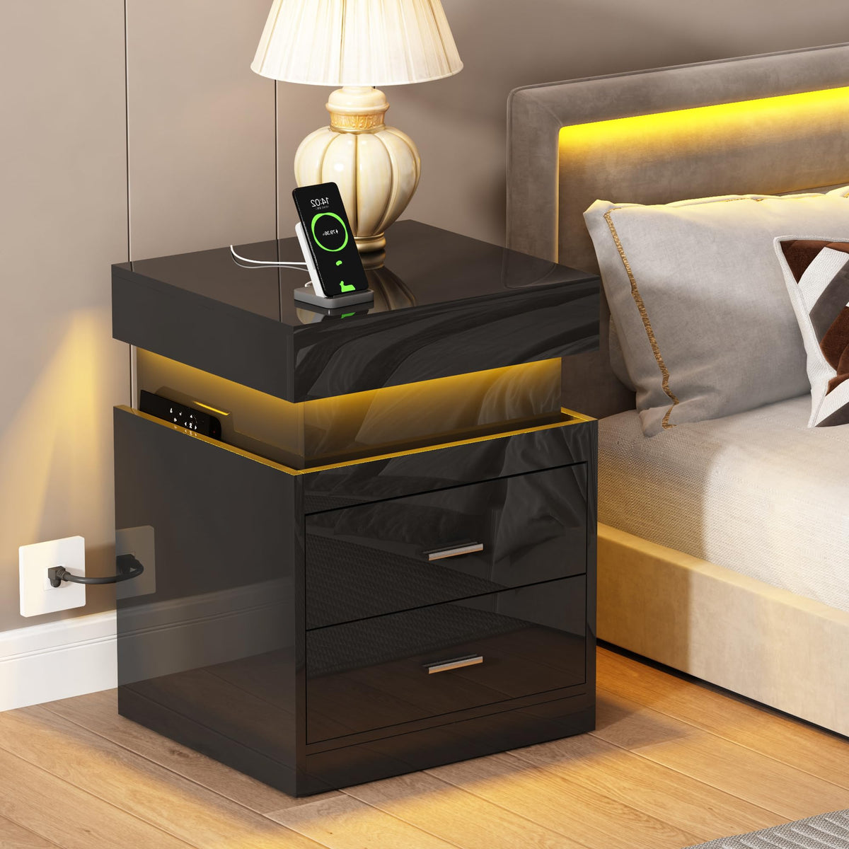 LED Nightstand with Charging Station and Sliding Storage F6029