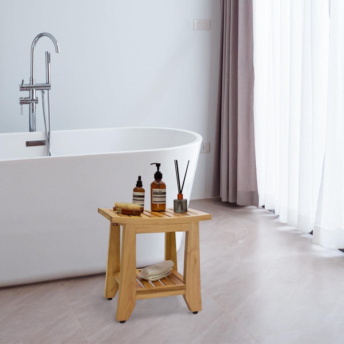 14'' Waterproof Teak Shower Bench with Storage Shelf B35434