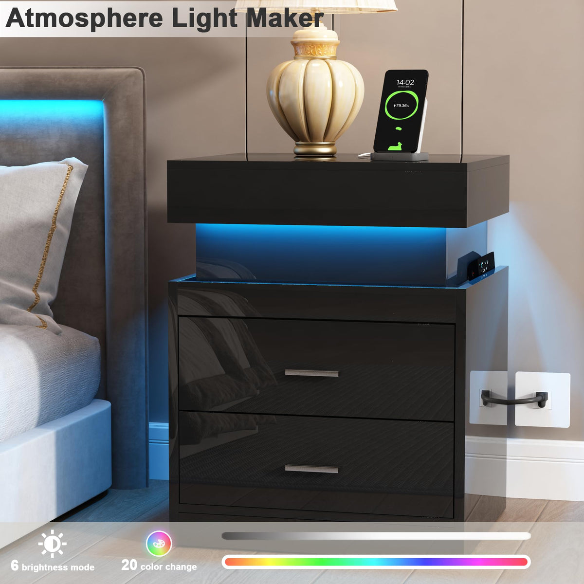 LED Nightstand with Charging Station and Sliding Storage F6029