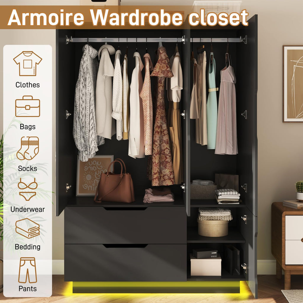 3 Doors Armoire Wardrobe Closet with Mirror, 2 Drawers, LED Light, Hanging Rod, Black L85971