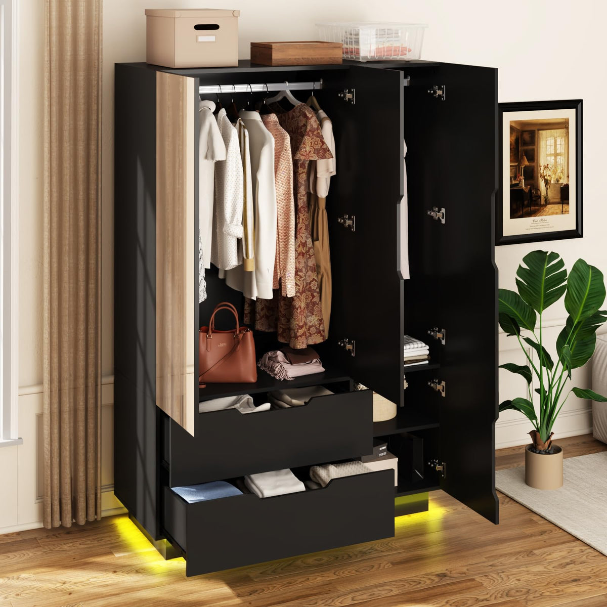 3 Doors Armoire Wardrobe Closet with Mirror, 2 Drawers, LED Light, Hanging Rod, Black L85971