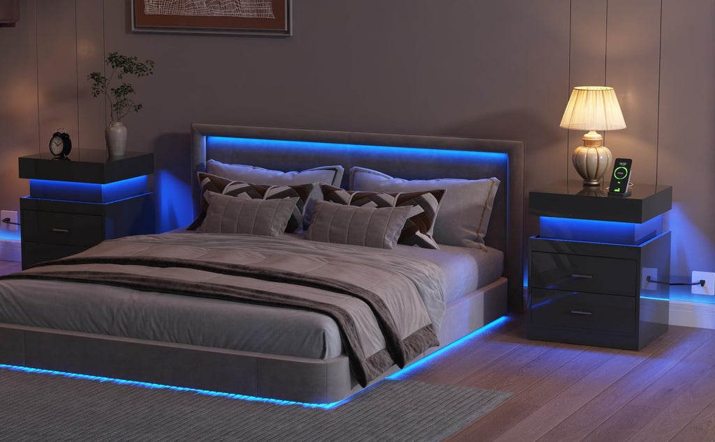 LED Nightstand with Charging Station and Sliding Storage F6029