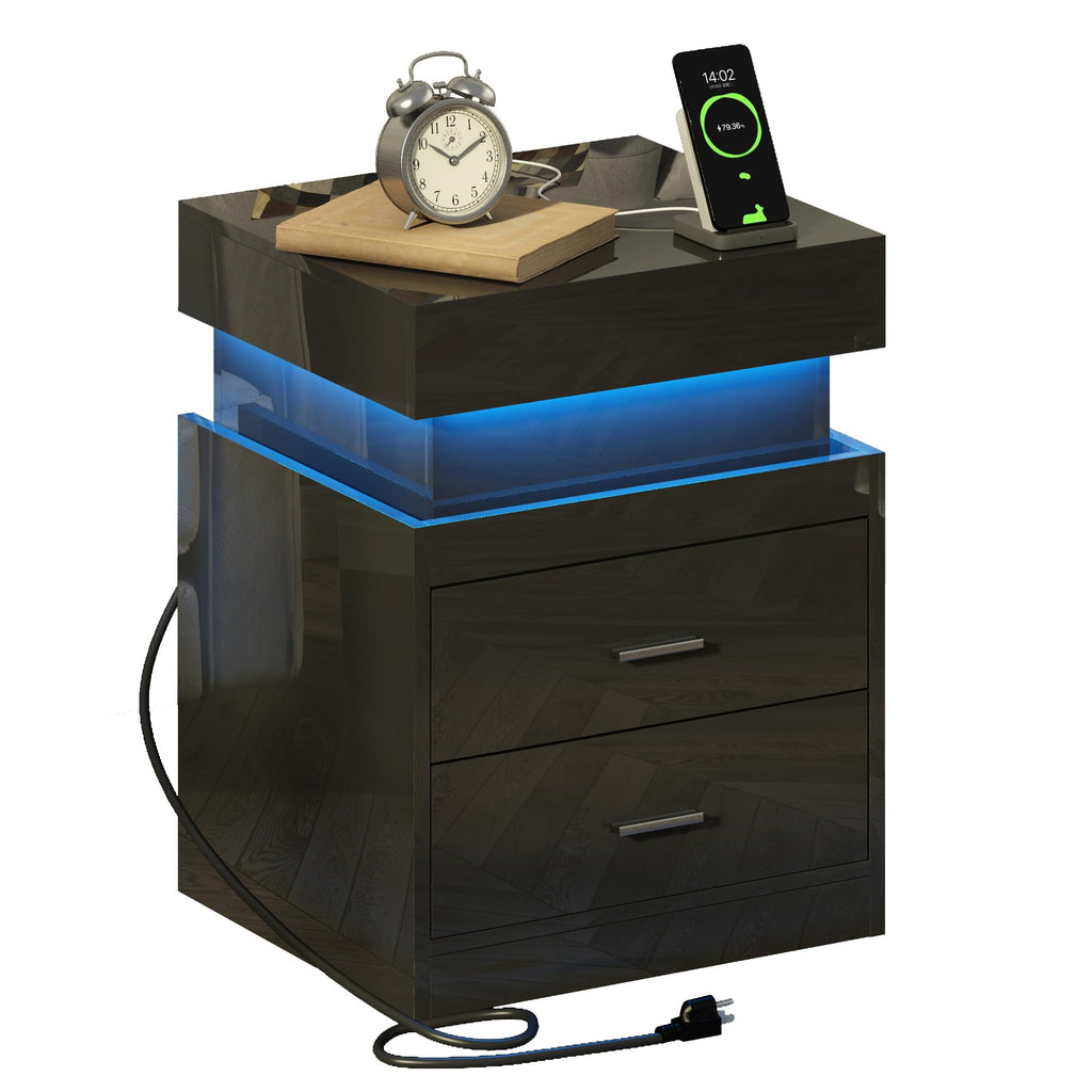 LED Nightstand with Charging Station and Sliding Storage F6029