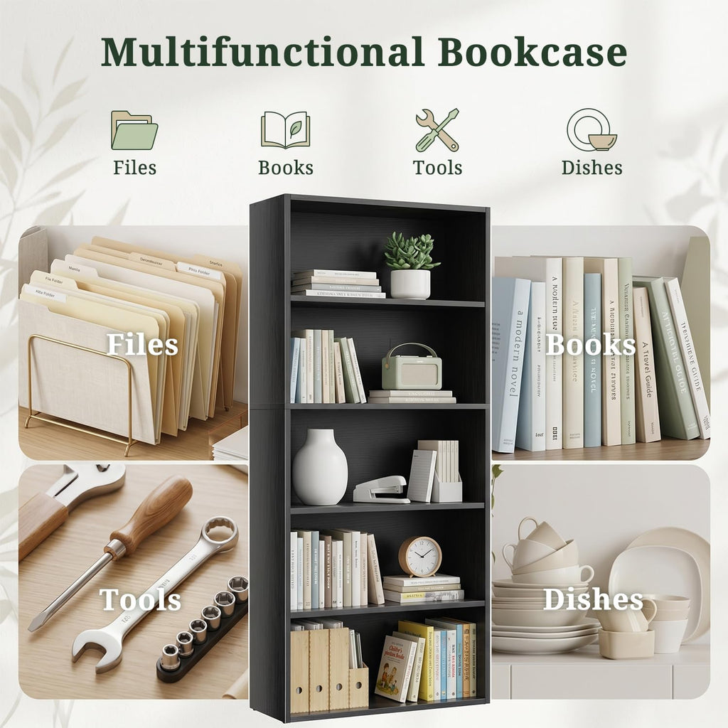 Black 5 Tier Bookshelf with Adjustable Shelves C70794
