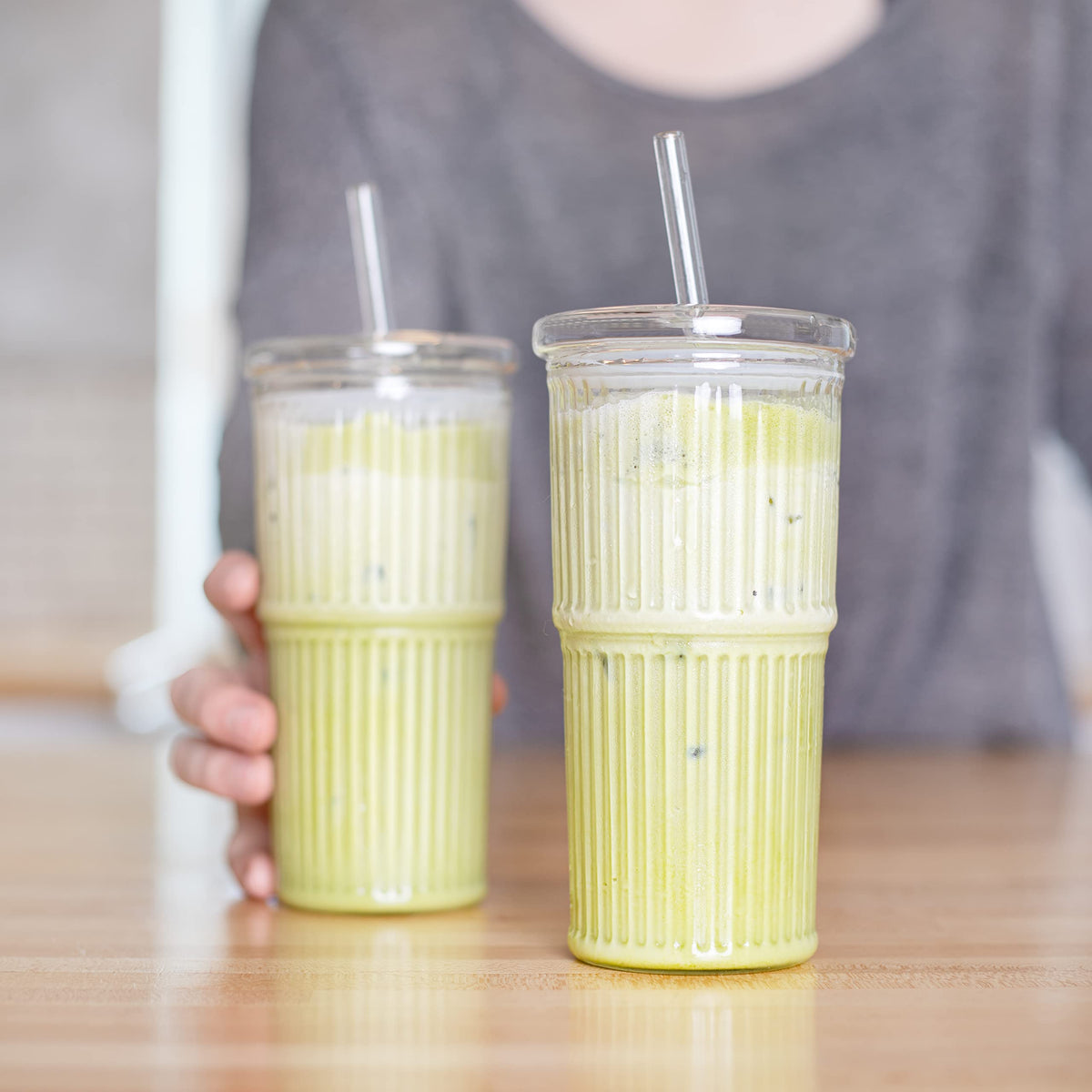 Glass Iced Coffee Cup with Lid and Straw, Set of 2 S21693
