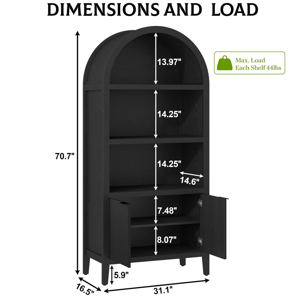 Black 5-Tier Arched Bookshelf with Fluted Doors P5701