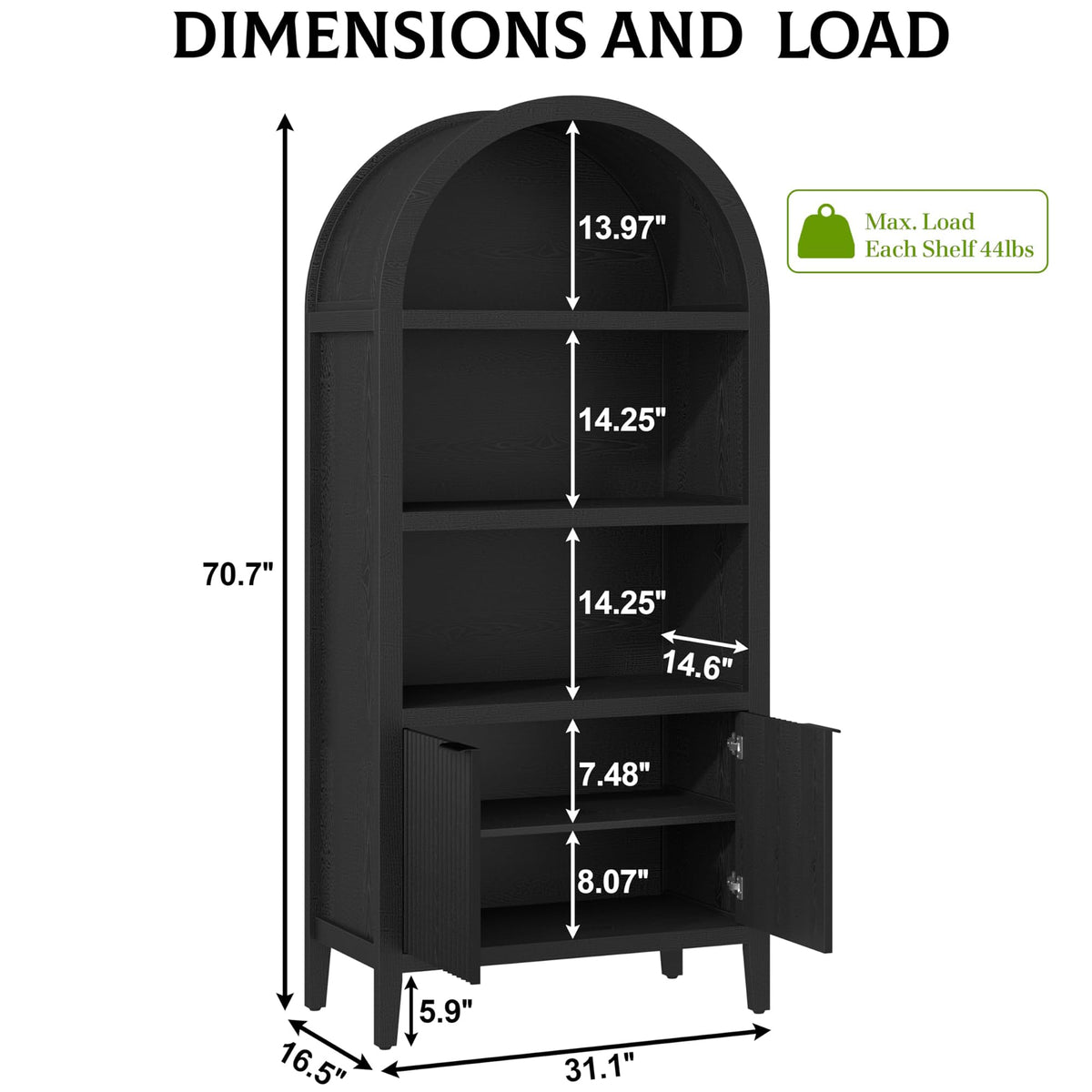 Black 5-Tier Arched Bookshelf with Fluted Doors P5701