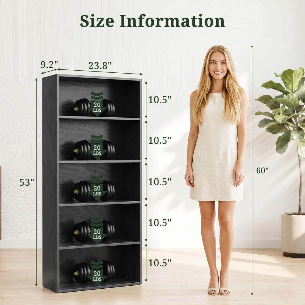 Black 5 Tier Bookshelf with Adjustable Shelves C70794