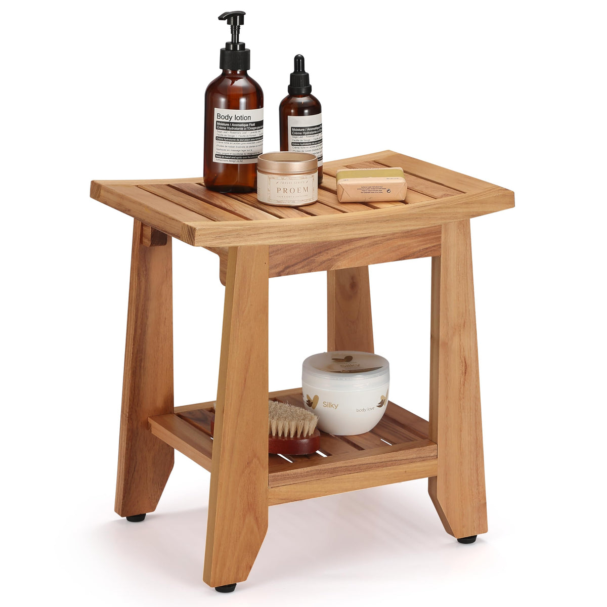 14'' Waterproof Teak Shower Bench with Storage Shelf B35434