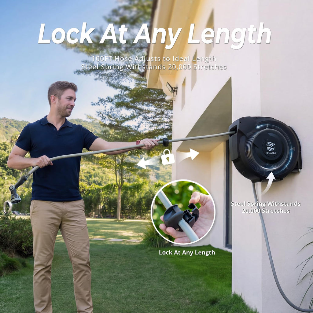 Retractable Garden Hose Reel, 5/8 in x 100ft, Auto Rewind E925