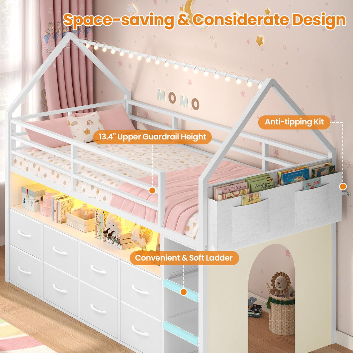 Twin Size Low Loft Bed with 8 Storage Drawers B15058