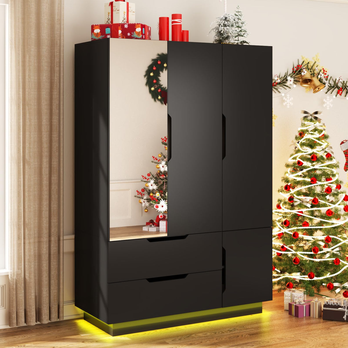 3 Doors Armoire Wardrobe Closet with Mirror, 2 Drawers, LED Light, Hanging Rod, Black L85971