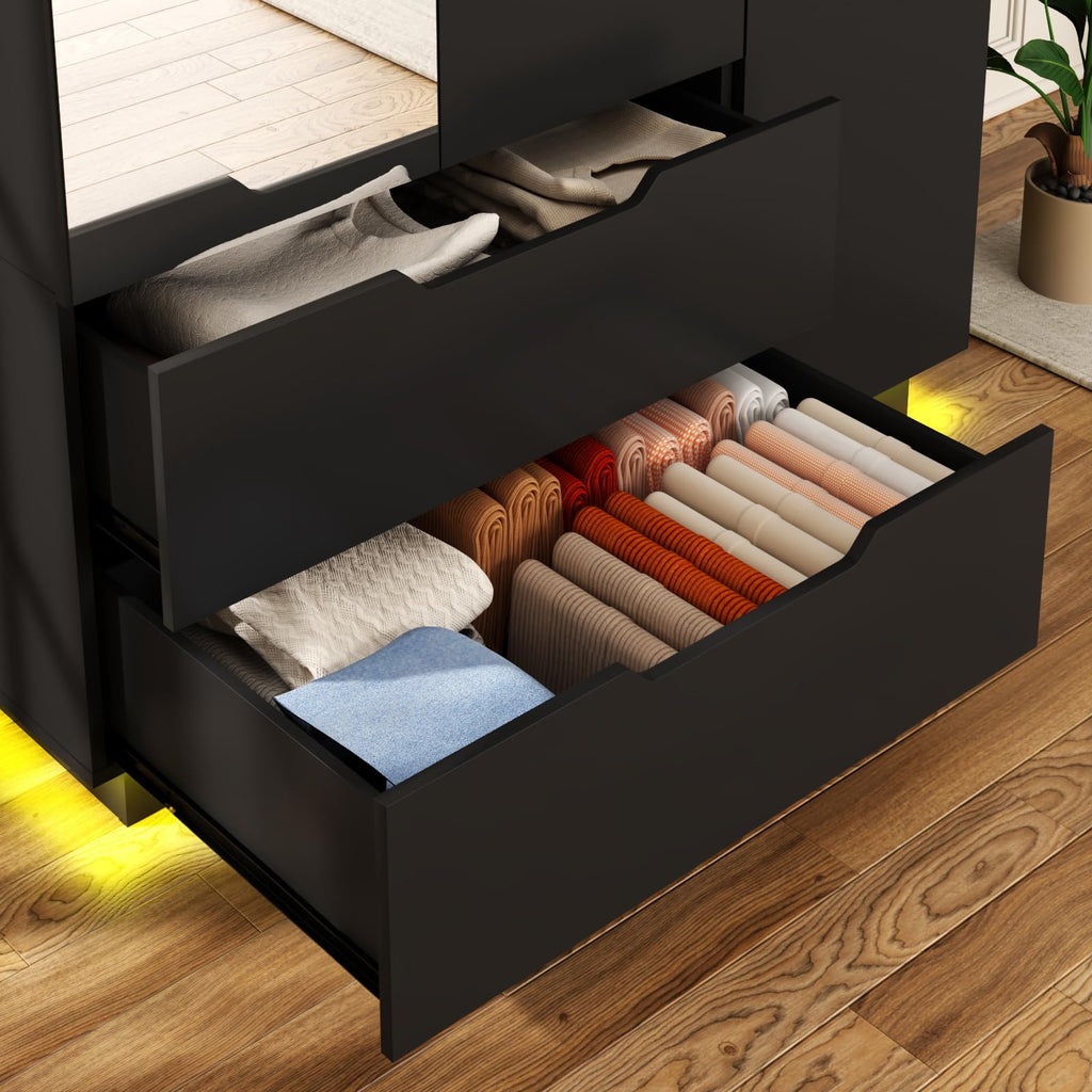 3 Doors Armoire Wardrobe Closet with Mirror, 2 Drawers, LED Light, Hanging Rod, Black L85971