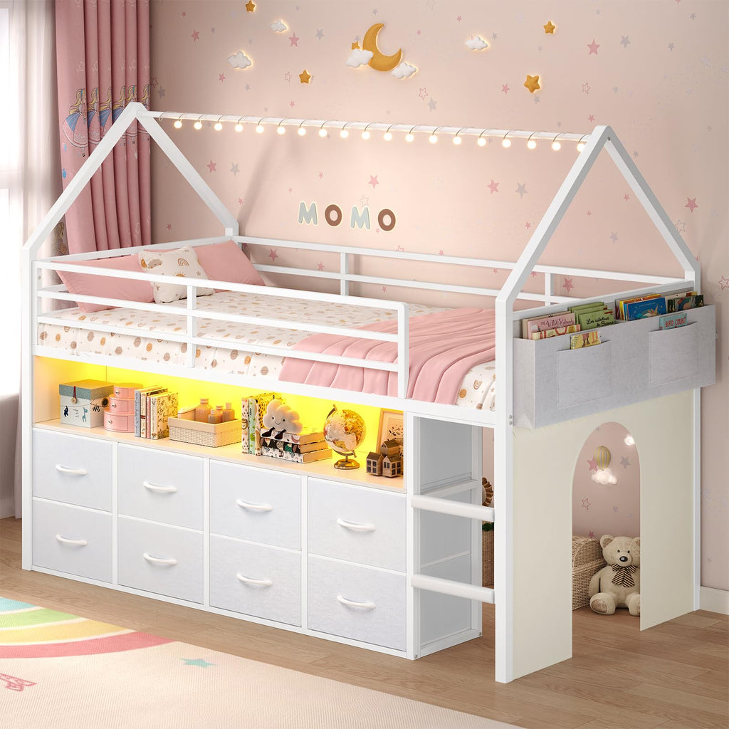 Twin Size Low Loft Bed with 8 Storage Drawers B15058