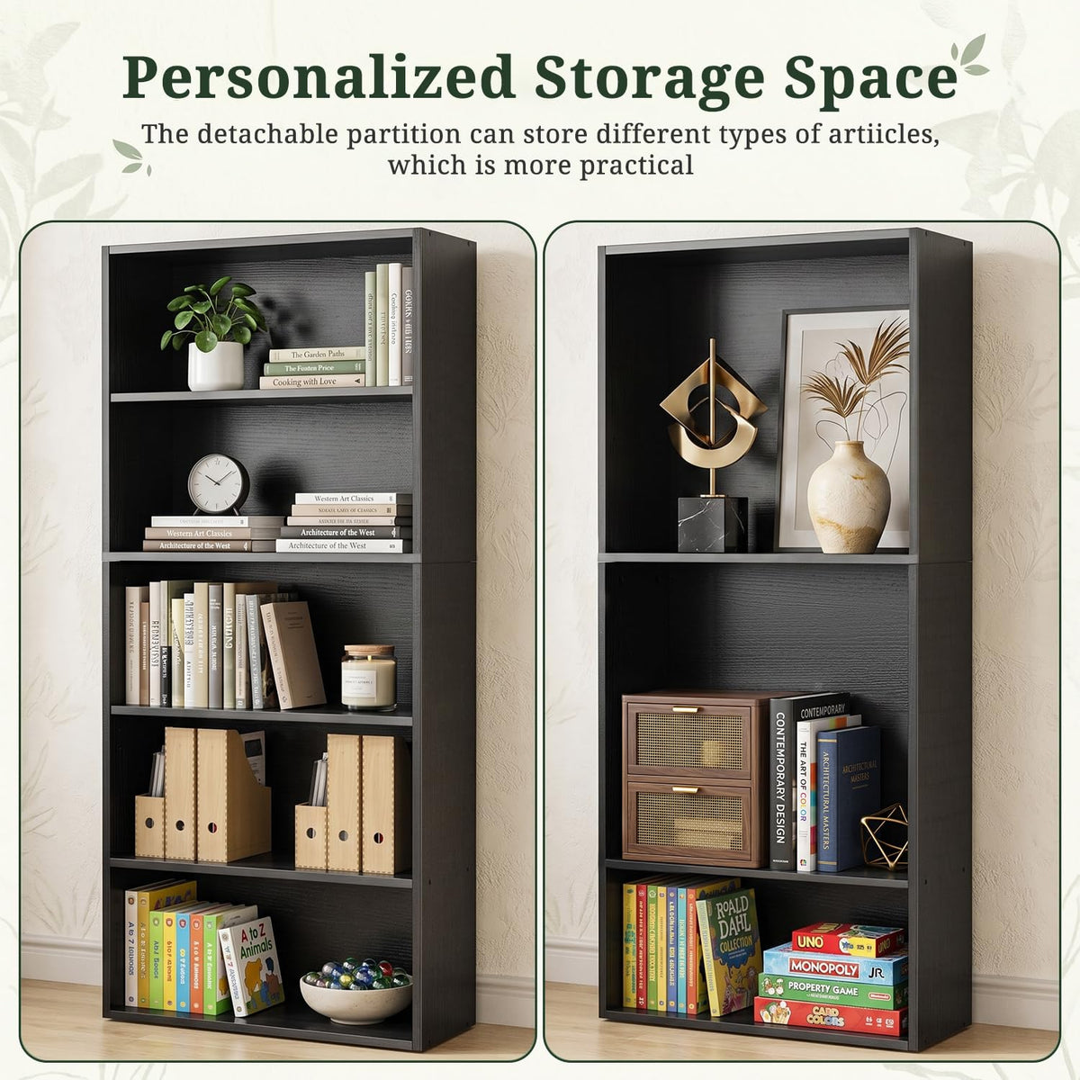 Black 5 Tier Bookshelf with Adjustable Shelves C70794
