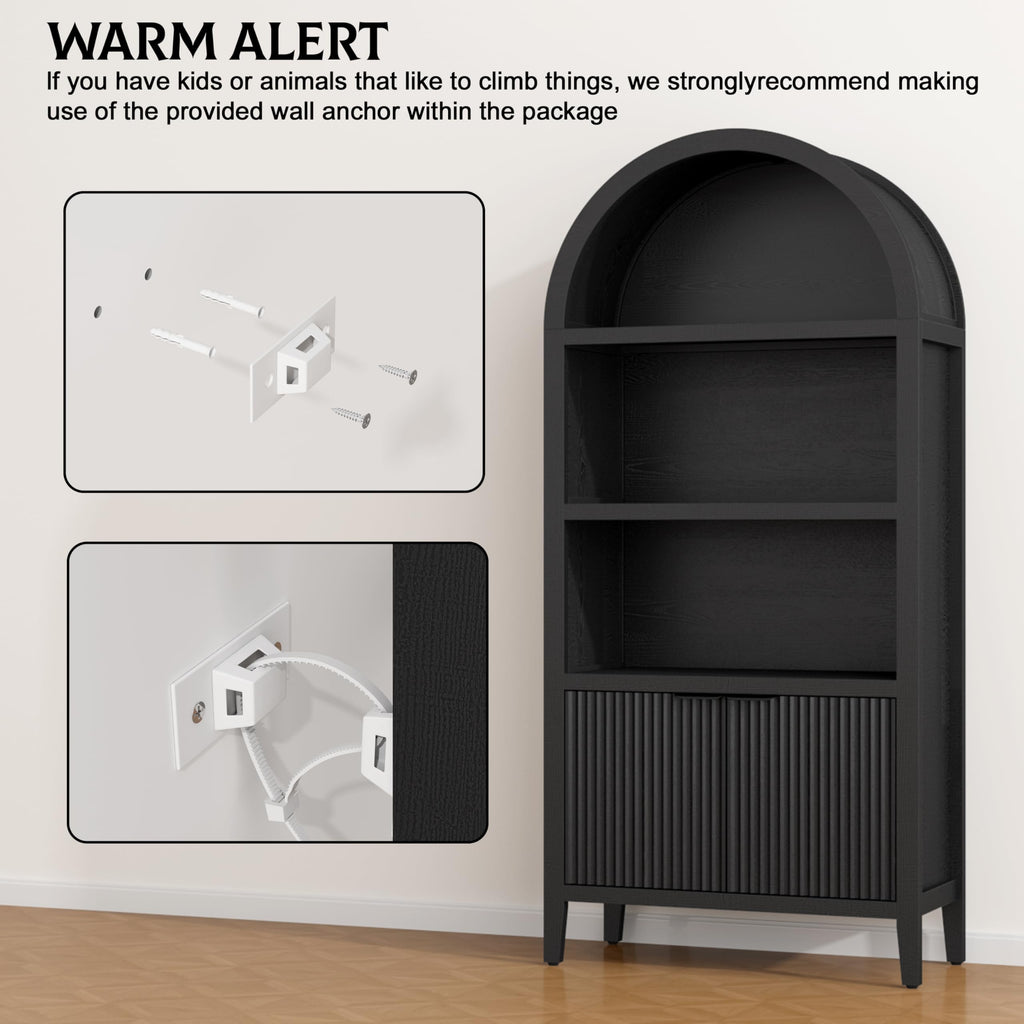Black 5-Tier Arched Bookshelf with Fluted Doors P5701