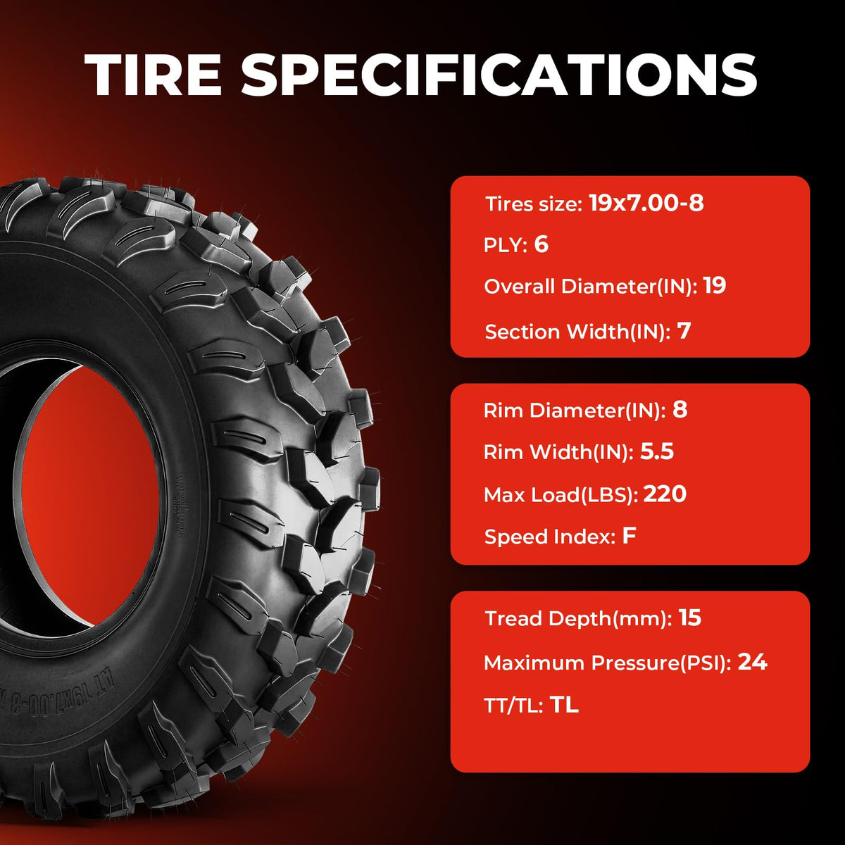 Set of 2 19x7-8 6 Ply Tubeless ATV Tires W563