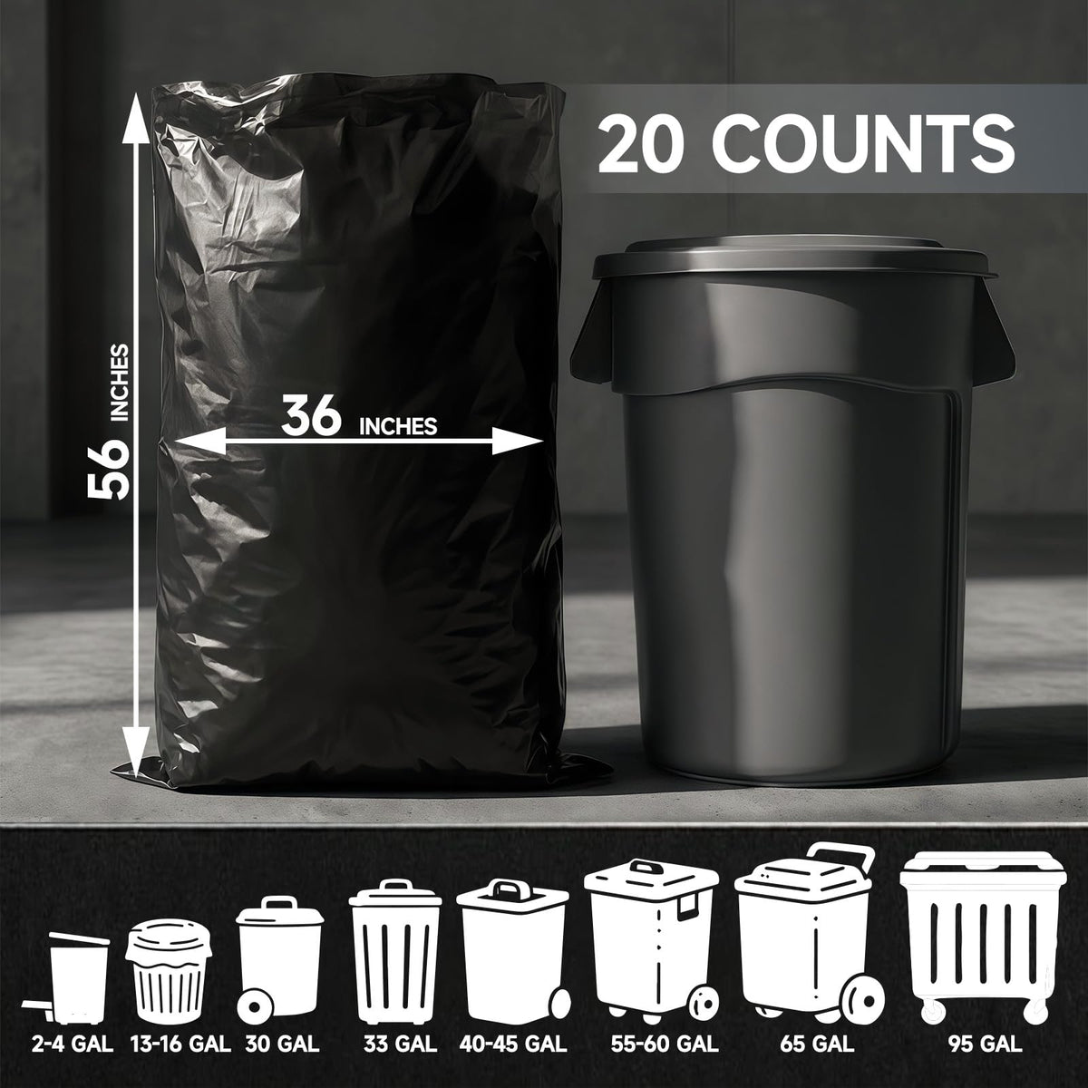 55 Gallon 2 Mil Black Heavy Duty Trash Bags, 20 Count H41154