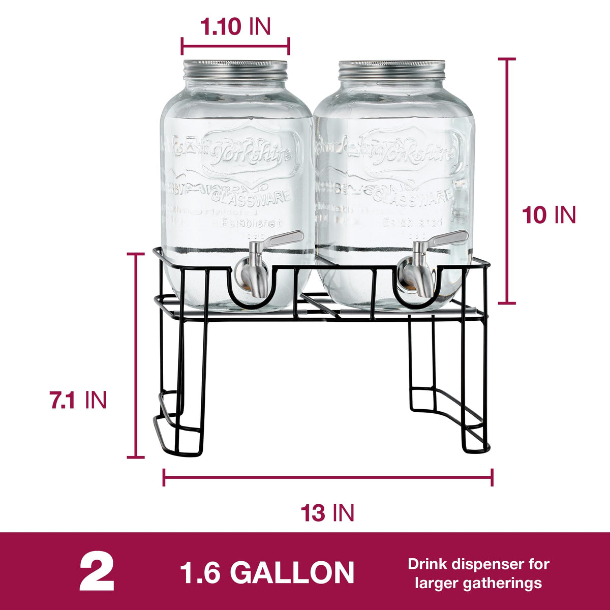 Glass Drink Dispenser with Stand, 1 Gallon, 2-Pack U2110