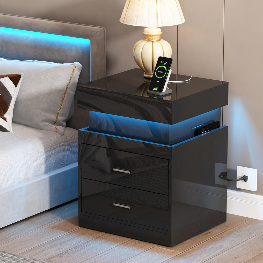 LED Nightstand with Charging Station and Sliding Storage F6029