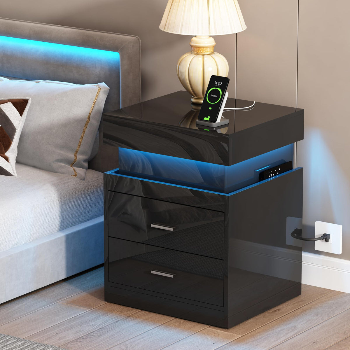 LED Nightstand with Charging Station and Sliding Storage F6029