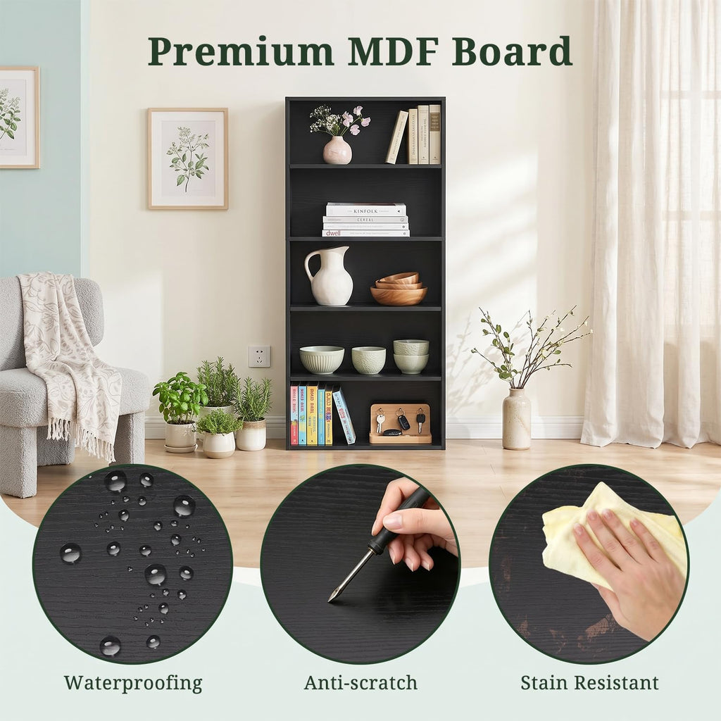 Black 5 Tier Bookshelf with Adjustable Shelves C70794