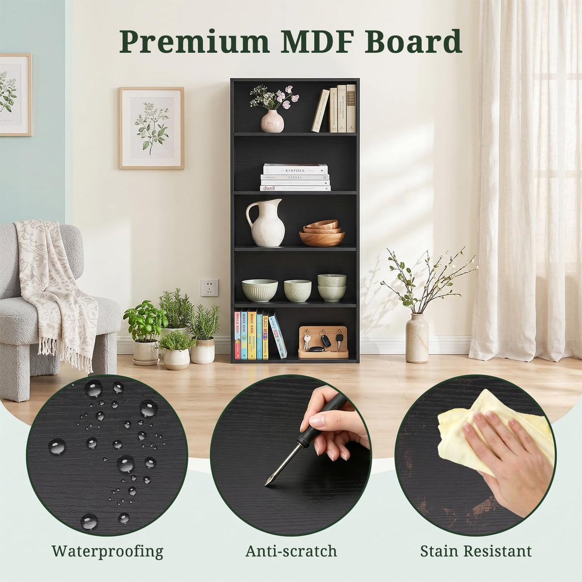 Black 5 Tier Bookshelf with Adjustable Shelves C70794