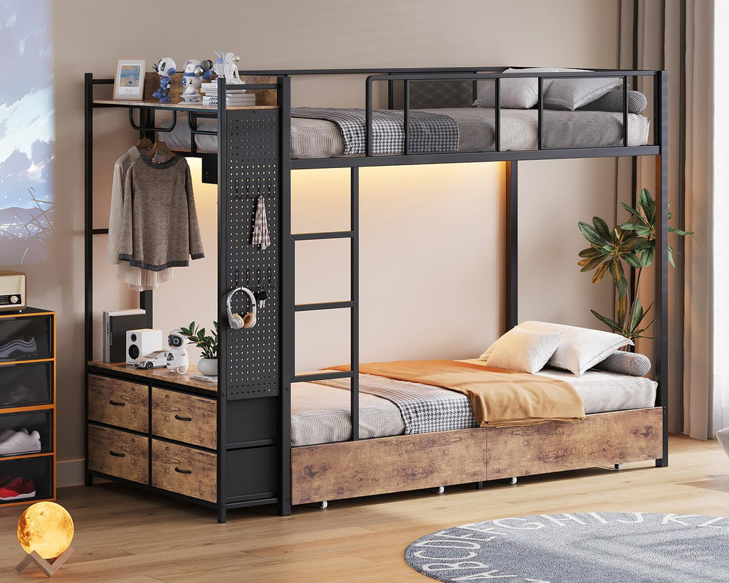 Twin Over Twin Metal Bunk Bed with Storage Drawers E5220
